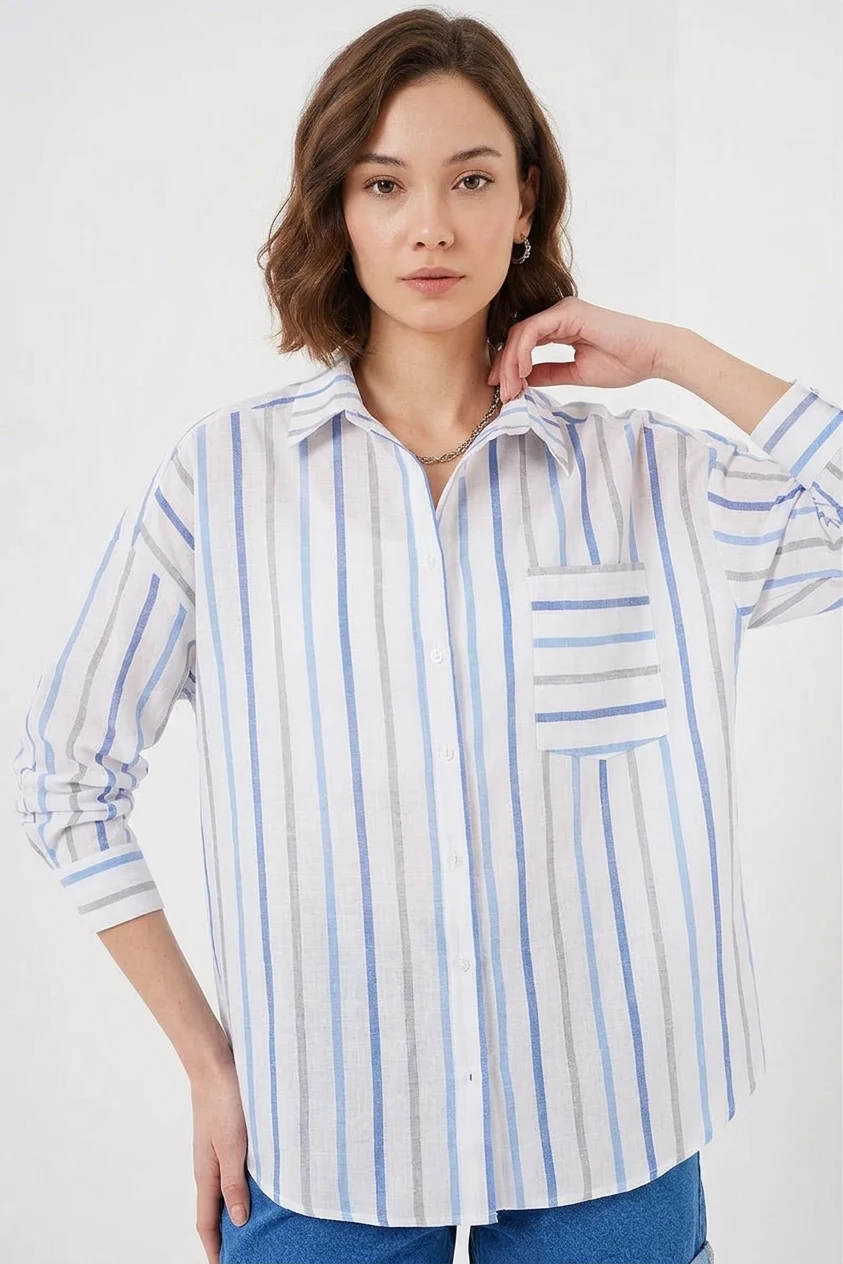 Kadın Oversize Çizgili Pamuklu Mavi Gömlek