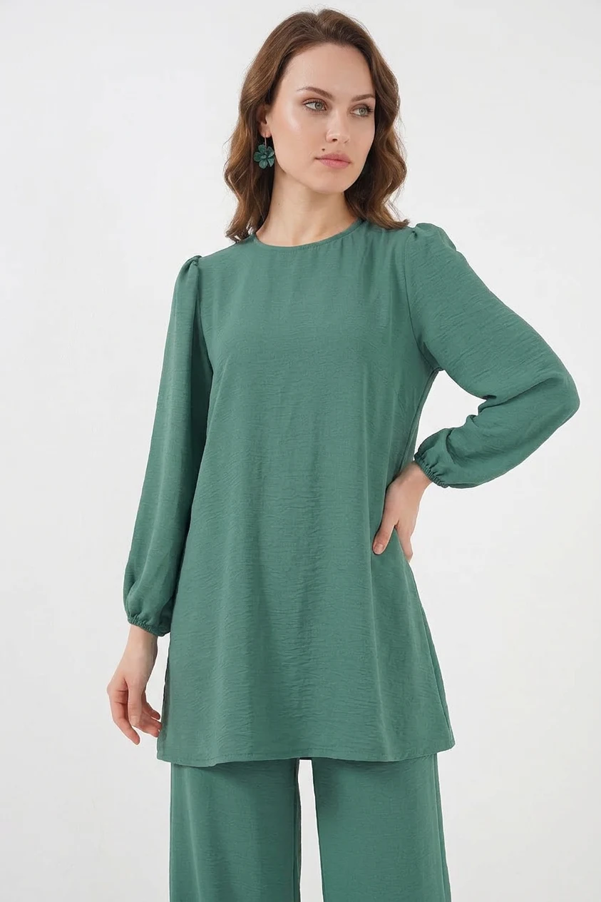 Kadın Yuvarlak Yaka Uzun Kol Mint Tunik Pantolon Alt Üst Takım