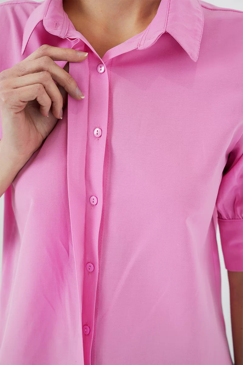 Kadın Kısa Kol Pamuklu Pembe Gömlek