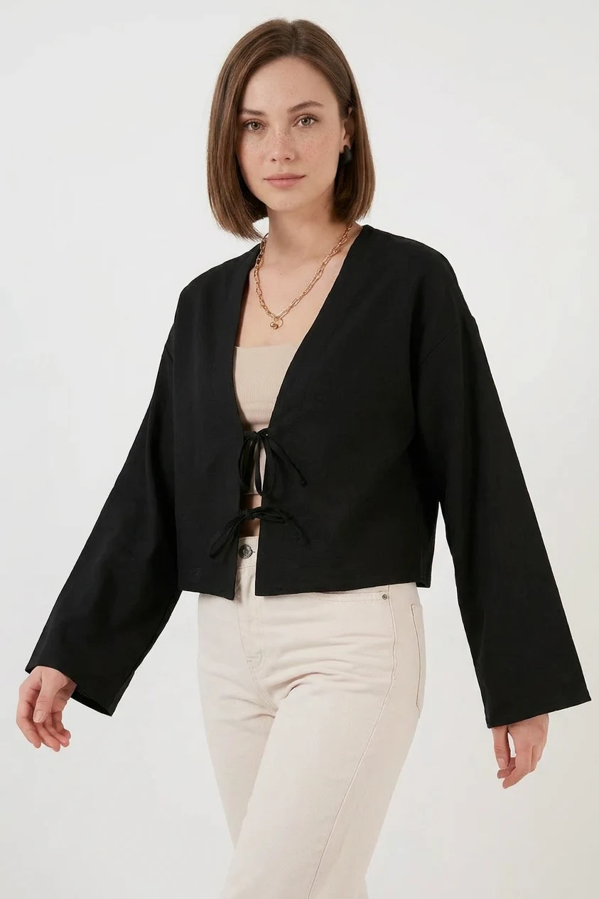 Kadın V Yaka Önü Bağlamalı Keten Siyah Kimono