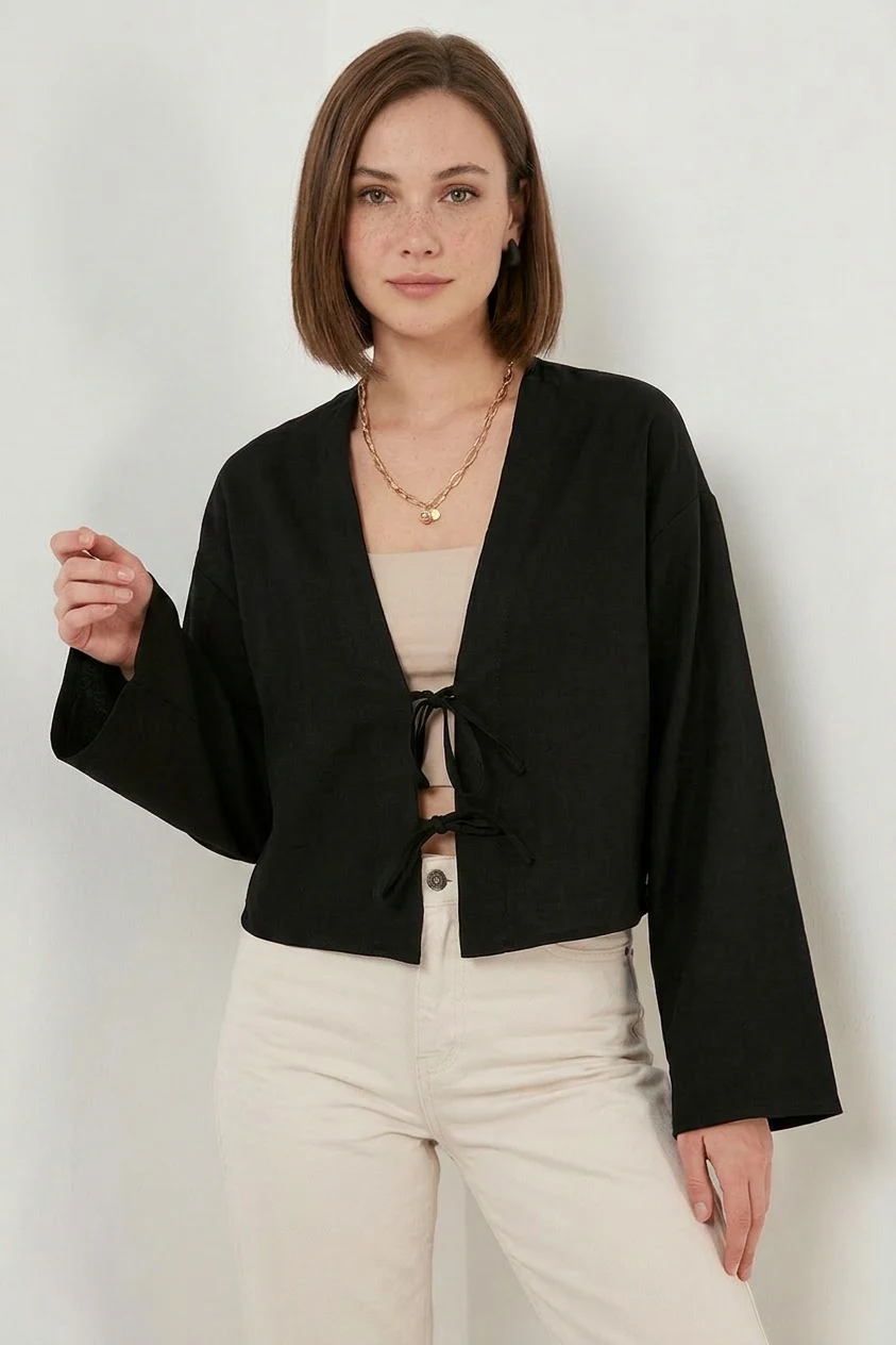 Kadın V Yaka Önü Bağlamalı Keten Siyah Kimono
