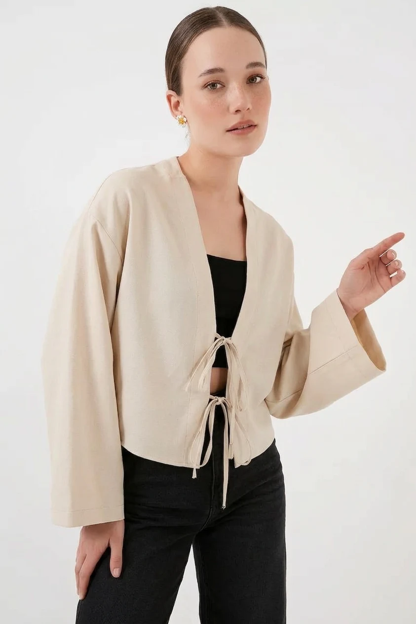 Kadın Yaka Önden Bağlamalı Önü Keten Krem Kimono