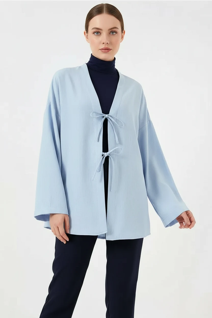 Kadın V Yaka Kuşaklı Viskon Mavi Tesettür Kimono