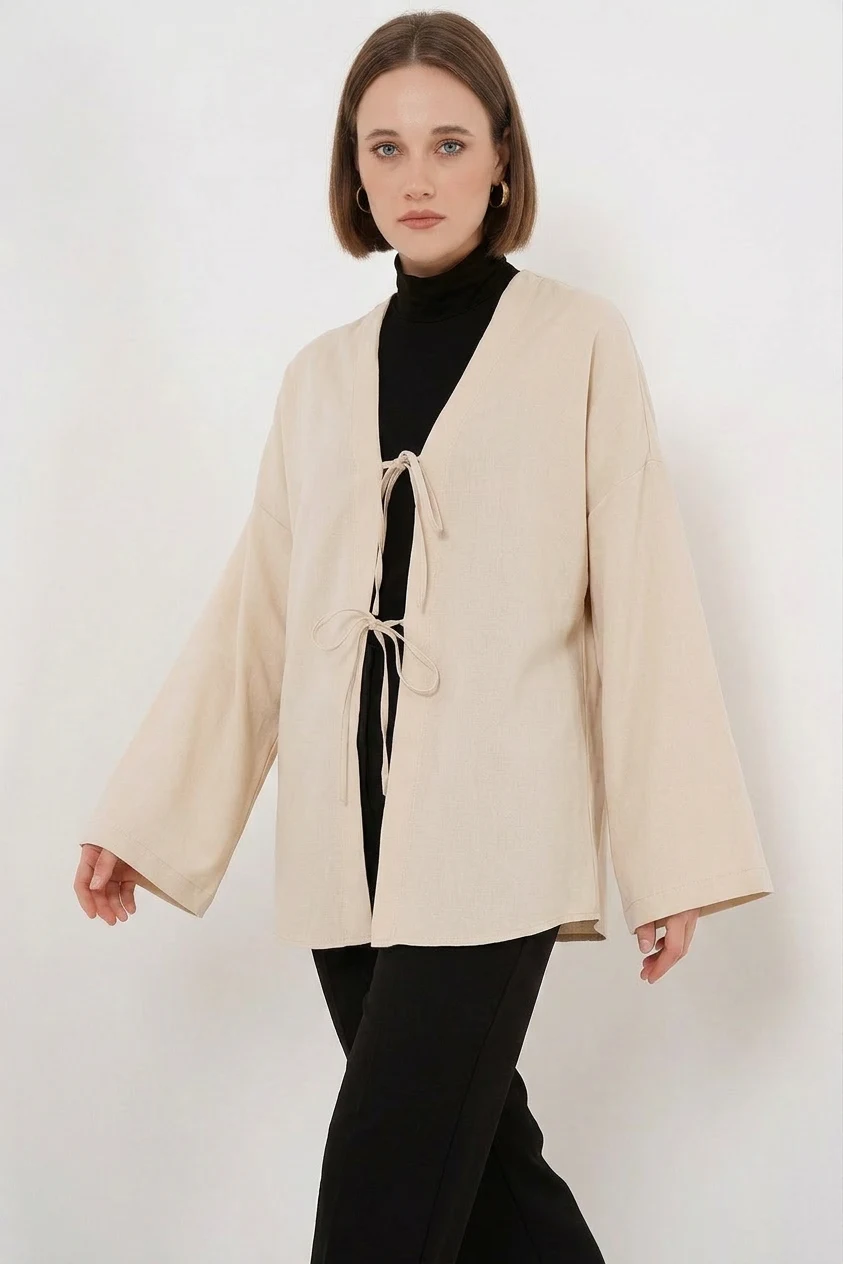 Kadın Kuşaklı Viskon Krem Tesettür Kimono