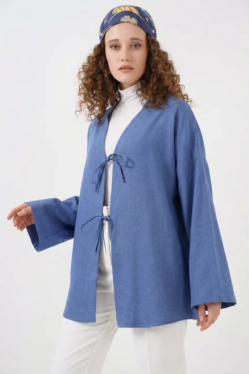 Kadın V Yaka Bağcıklı Viskon İndigo Tesettür Kimono