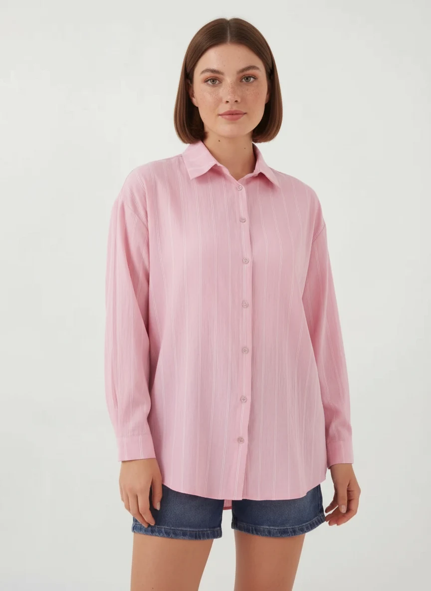 Kadın Oversize Çizgili Viskon Pembe Gömlek