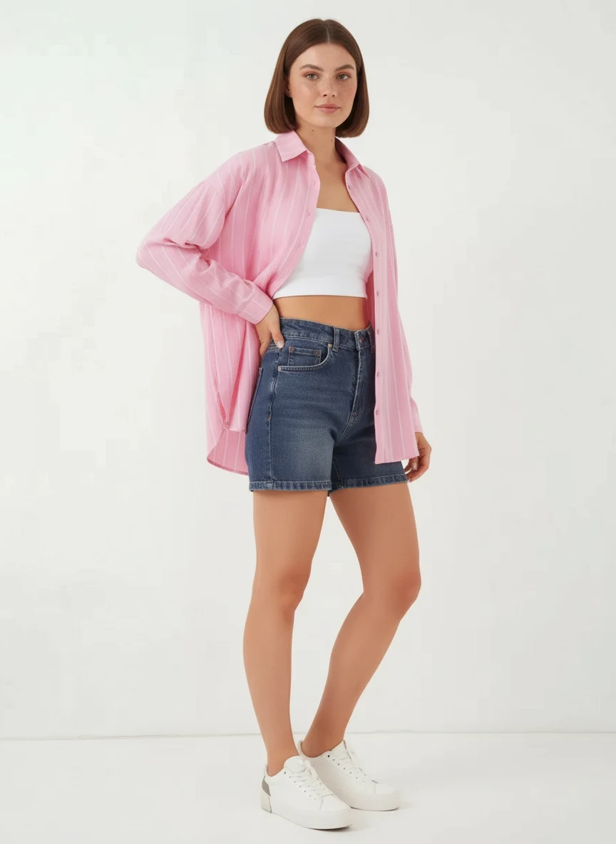 Kadın Oversize Çizgili Viskon Pembe Gömlek
