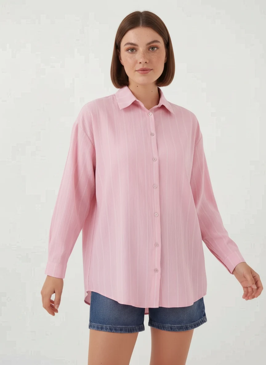 Kadın Oversize Çizgili Viskon Pembe Gömlek