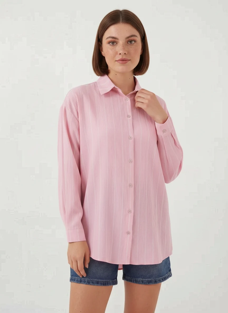 Kadın Oversize Çizgili Viskon Pembe Gömlek
