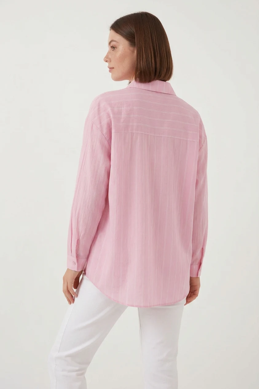 Kadın Oversize Çizgili Viskon Pembe Gömlek