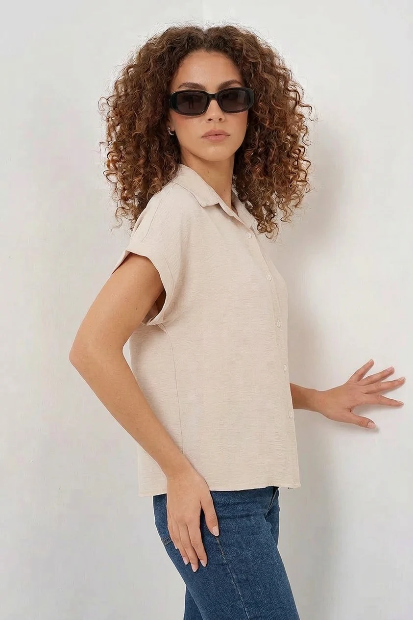 Kadın Kısa Kol Oversize Krem Gömlek