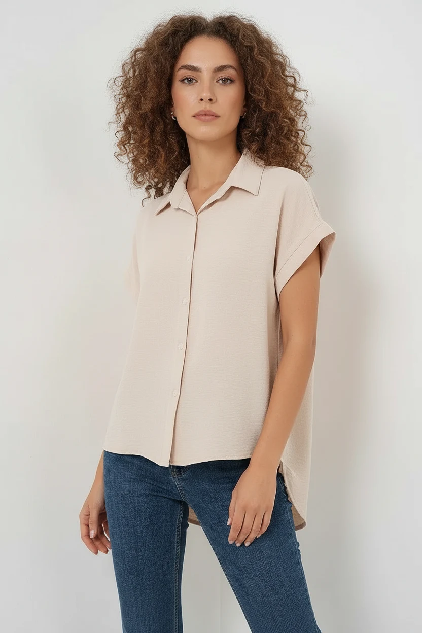 Kadın Kısa Kol Oversize Krem Gömlek