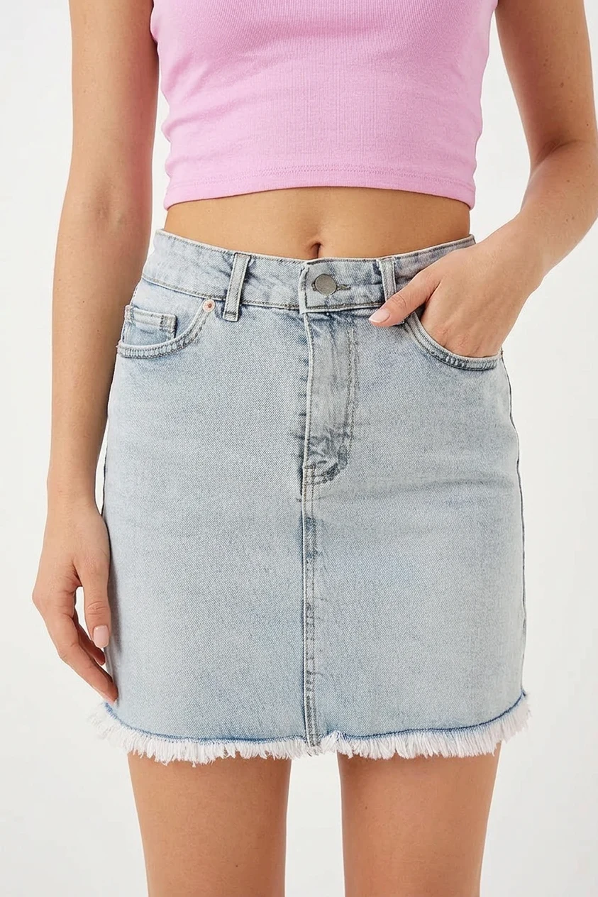 Kadın Bisiklet Yaka Normal Bel Püsküllü Mini Pamuklu Mavi Kot Etek