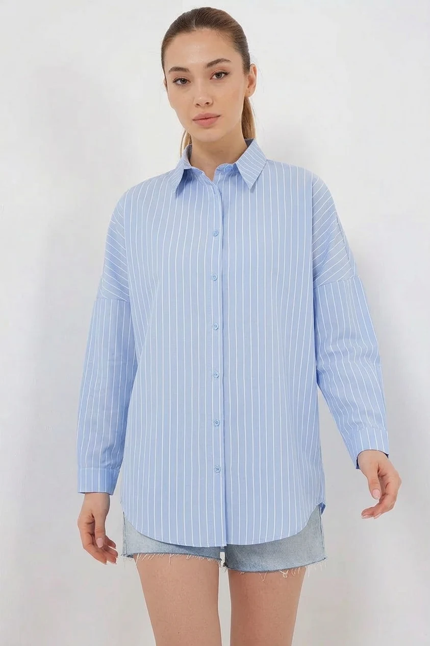 Kadın Oversize Çizgili Pamuklu Mavi Gömlek