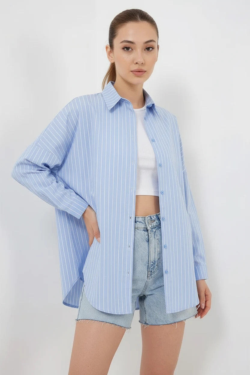 Kadın Oversize Çizgili Pamuklu Mavi Gömlek