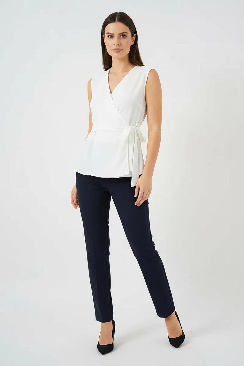 Kadın Kruvaze Yaka Kuşaklı Kolsuz Beyaz Bluz