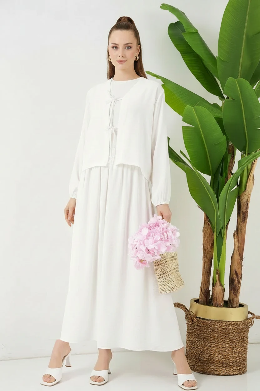 Kadın Kimono Yaka Beli Büzgülü Çiçek Desenli Beyaz İkili Takım