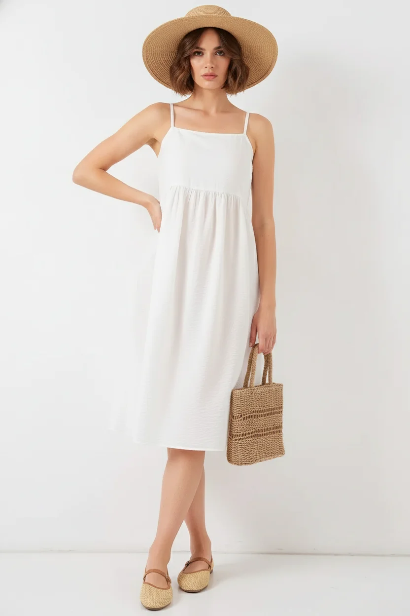 Kadın Straplez Beli Büzgülü Askılı Viskon Beyaz Elbise