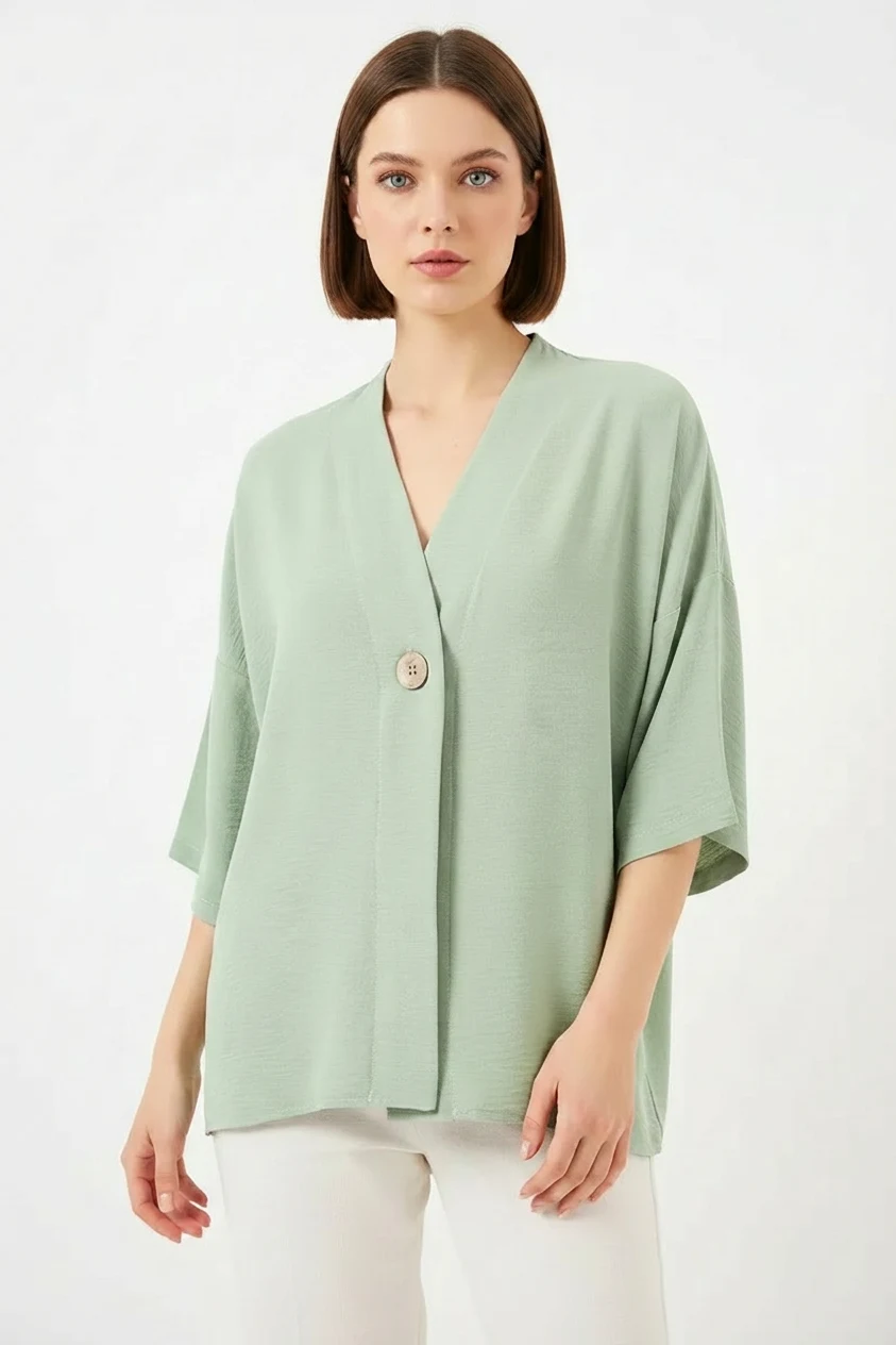 Kadın V Yaka Kısa Kol Oversize Çağla Yeşili Kimono