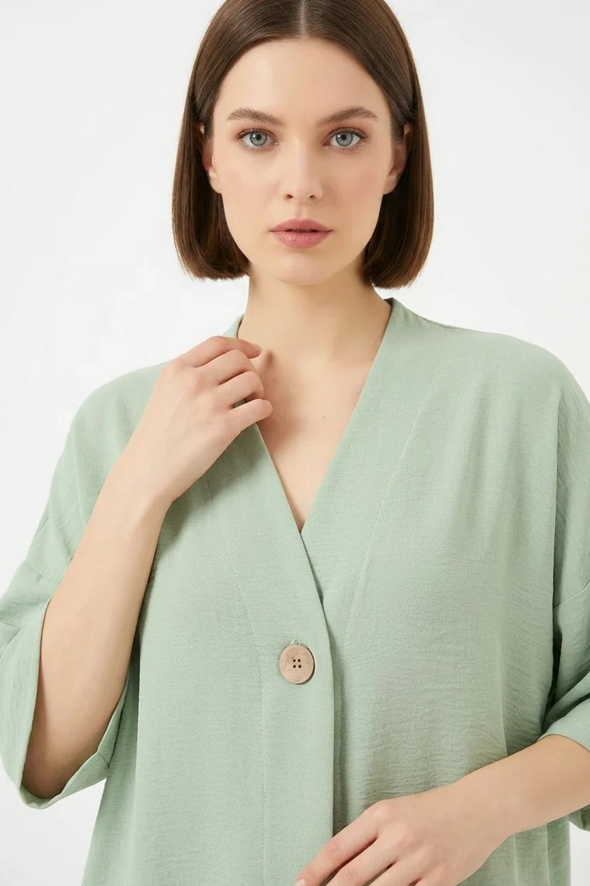 Kadın V Yaka Kısa Kol Oversize Çağla Yeşili Kimono