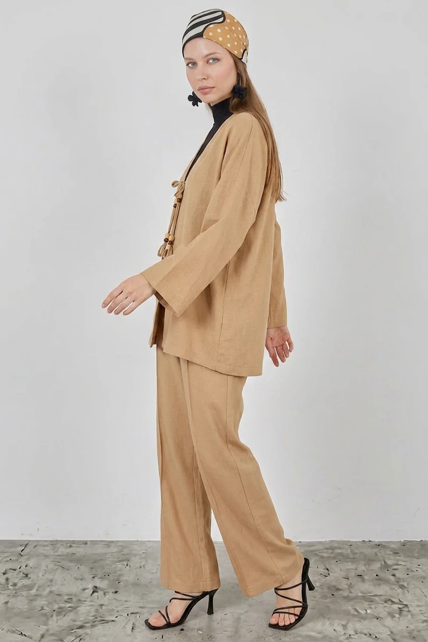 Kadın V Yaka Kimono Kuşaklı Keten Bisküvi İkili Takım