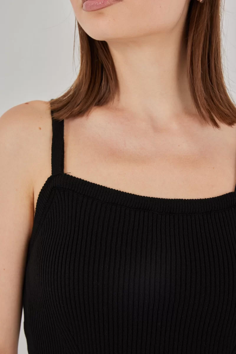 Kadın Kare Yaka Crop Askılı Siyah Bluz
