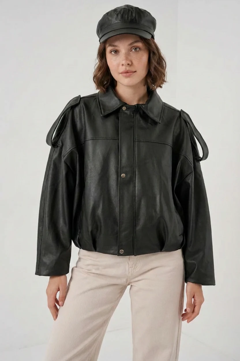 Kadın Klasik Yaka Oversize Kesim Omuz Detaylı Siyah Ceket