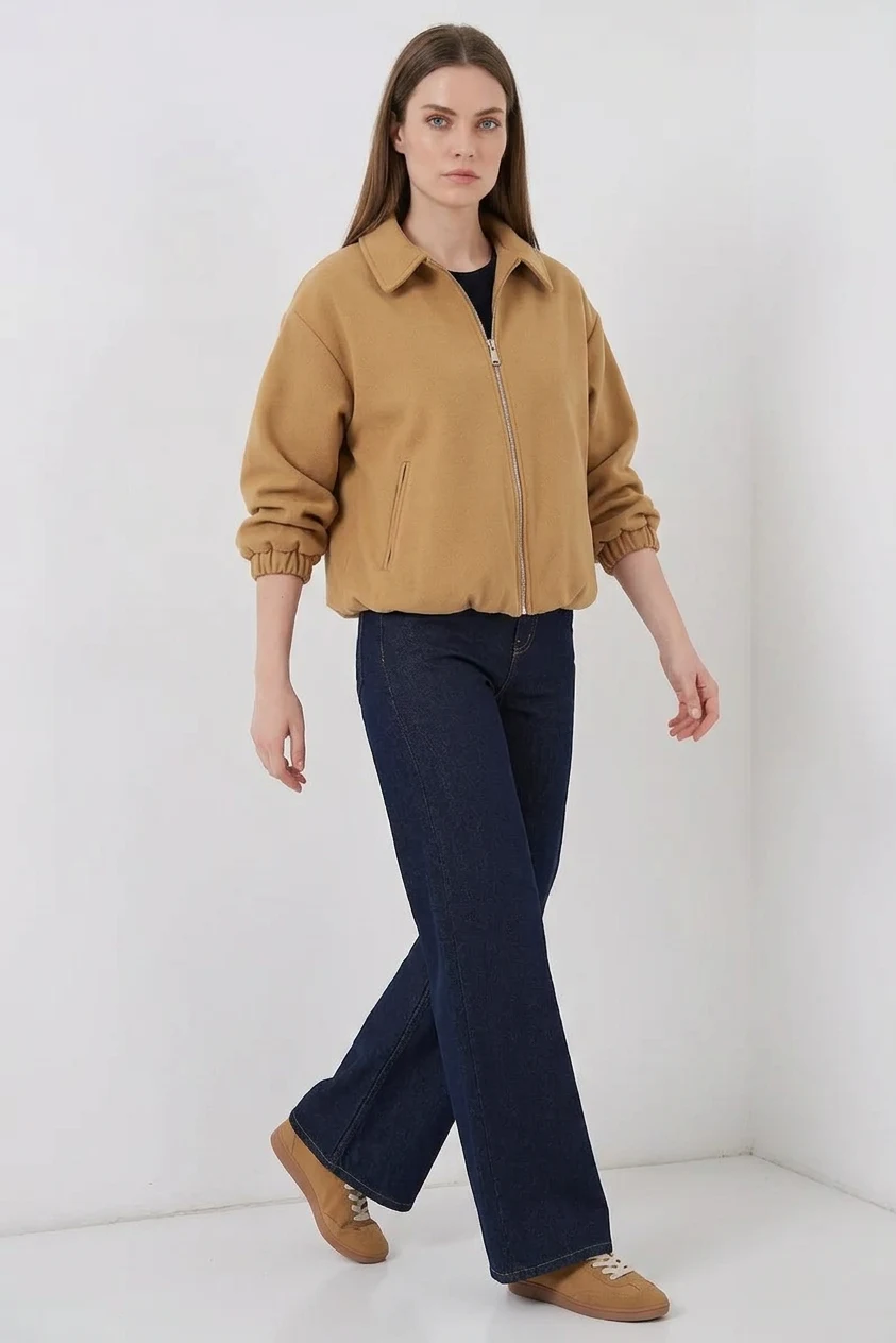 Kadın Gömlek Yaka Belden Büzgülü Oversize Pamuklu Hardal Ceket