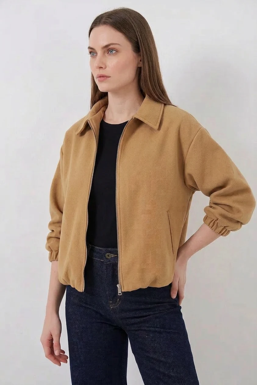Kadın Gömlek Yaka Belden Büzgülü Oversize Pamuklu Hardal Ceket
