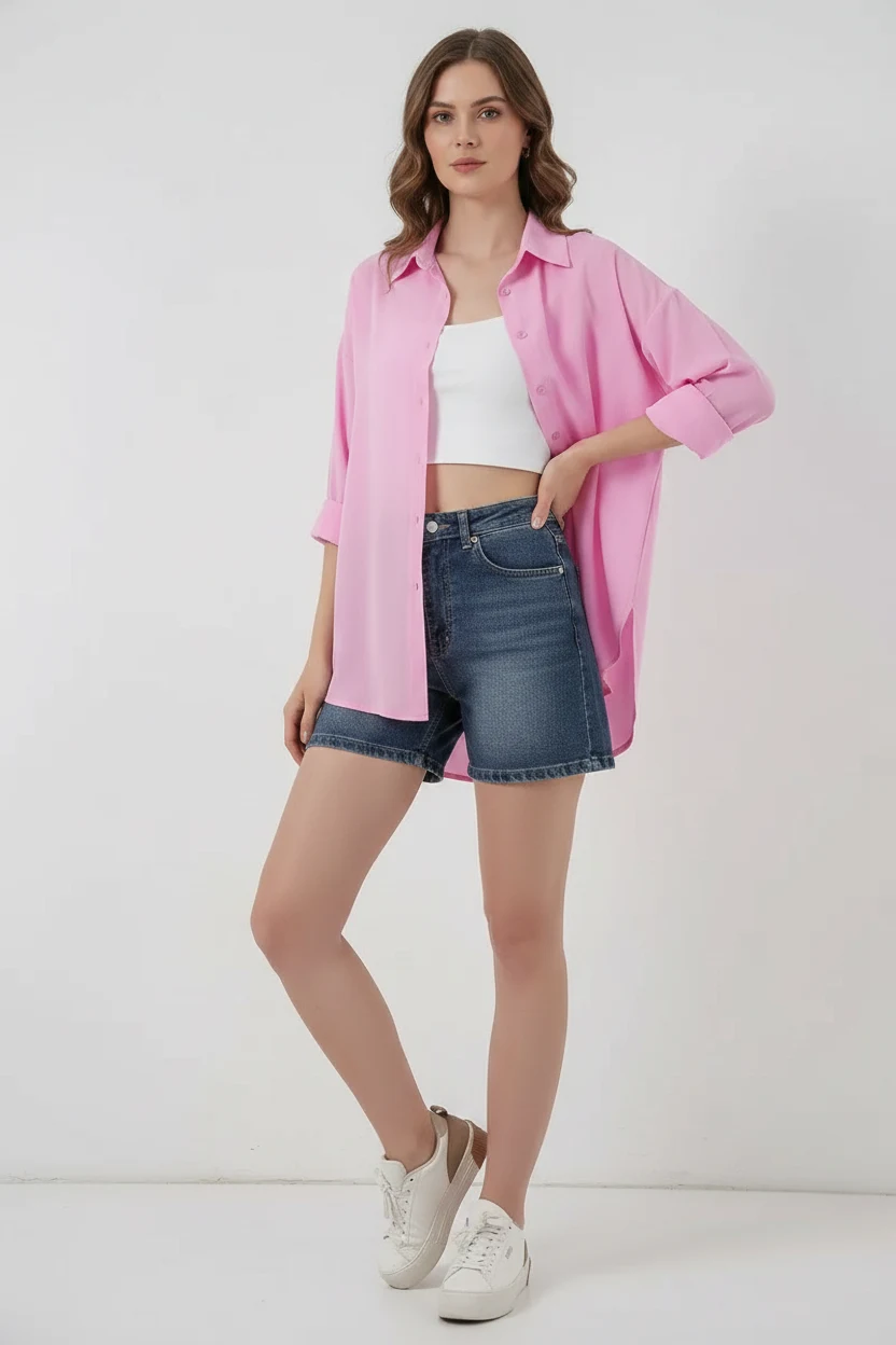 Kadın Oversize Viskon Pembe Gömlek
