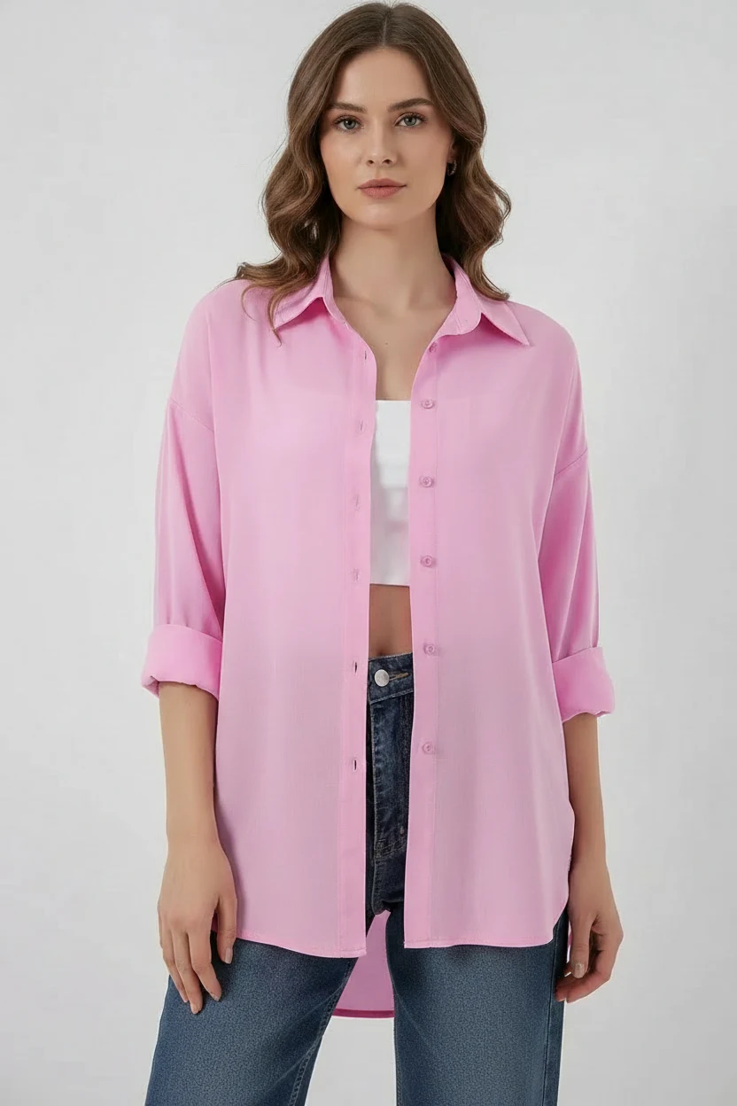 Kadın Oversize Viskon Pembe Gömlek