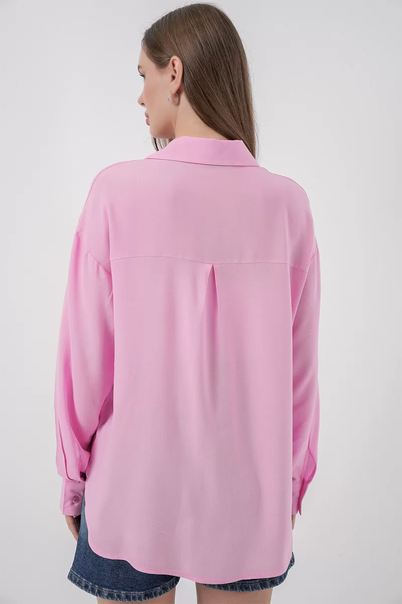 Kadın Oversize Viskon Pembe Gömlek