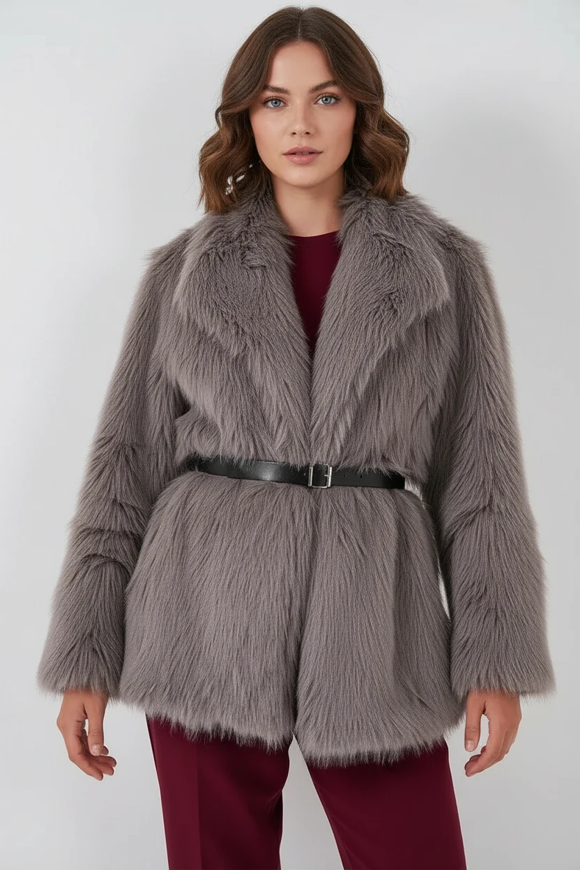 Kadın Geniş Yaka Kemerli Kürklü Oversize Füme Kaban