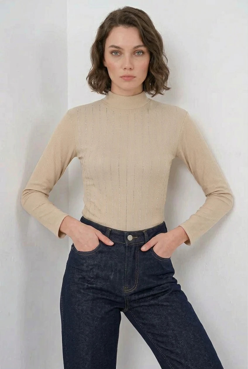 Kadın Balıkçı Yaka Taş Detaylı Dikey Çizgili Bisküvi Body