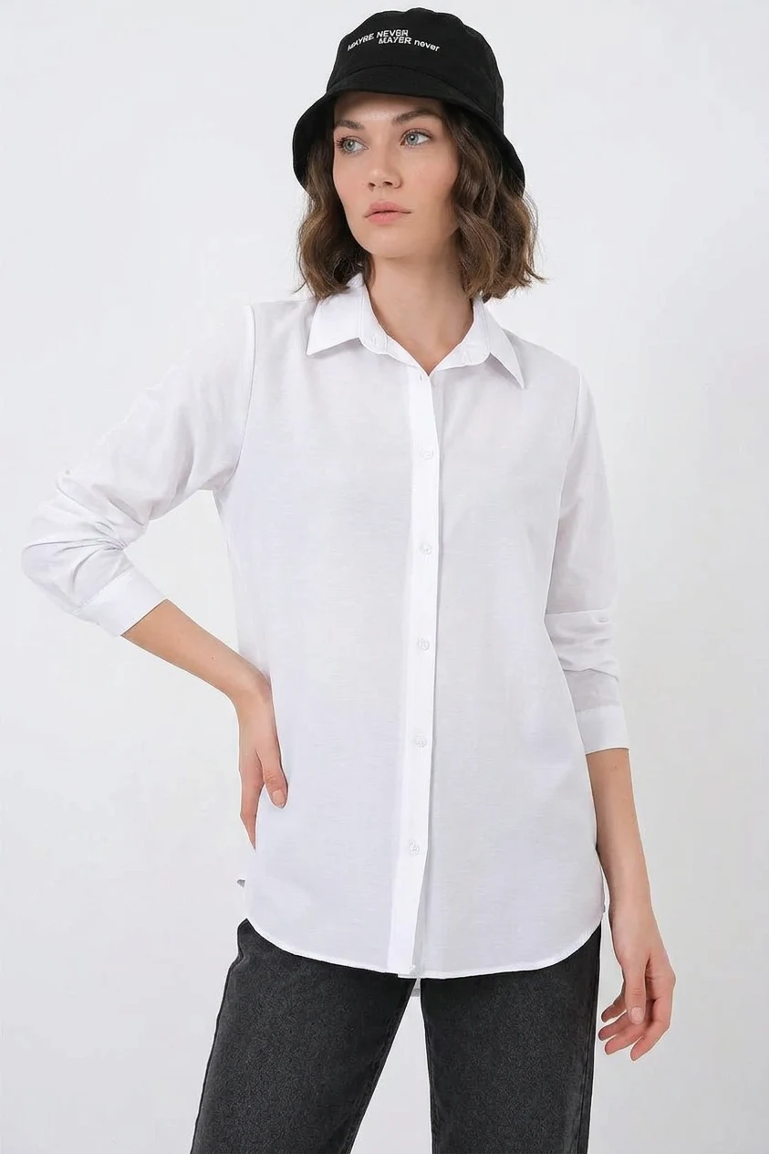 Kadın Oversize Basic Pamuklu Beyaz Gömlek