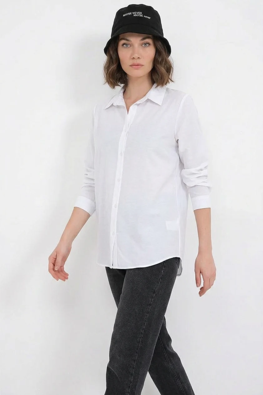 Kadın Oversize Basic Pamuklu Beyaz Gömlek