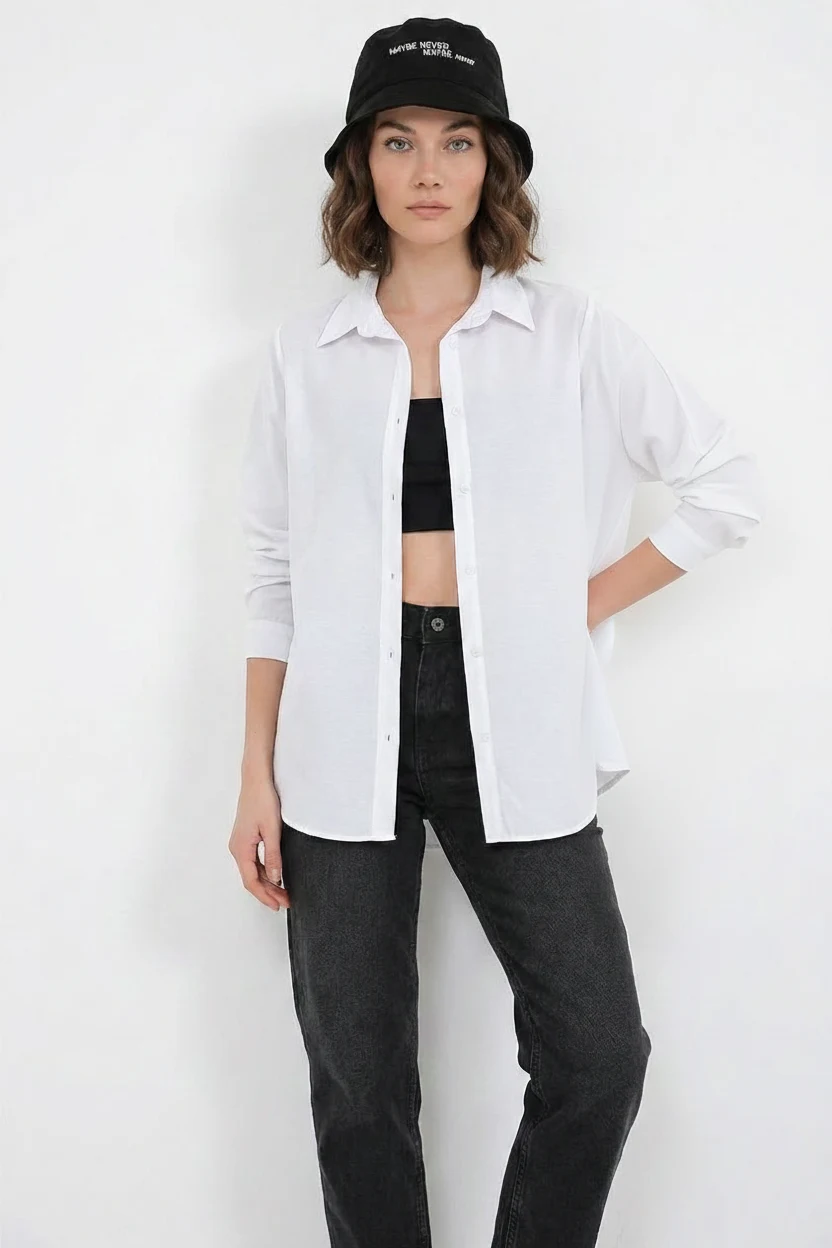 Kadın Oversize Basic Pamuklu Beyaz Gömlek