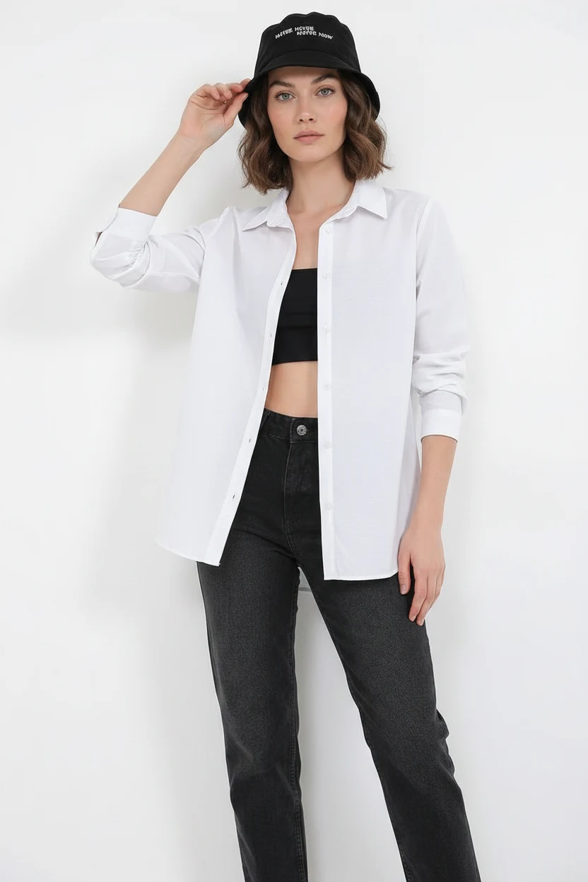 Kadın Oversize Basic Pamuklu Beyaz Gömlek