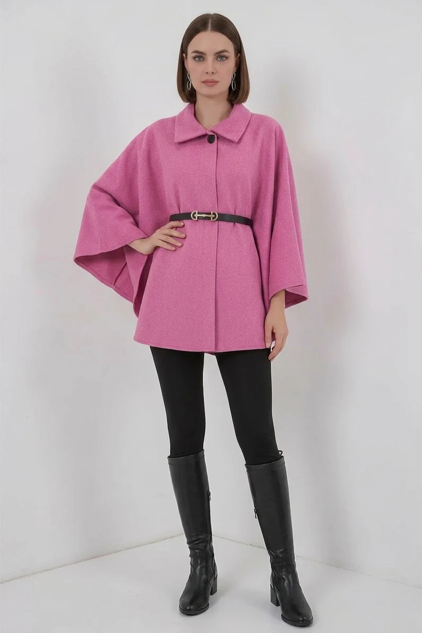 Kadın Gömlek Yaka Kuşaklı Kemerli Pamuklu Pembe Panço