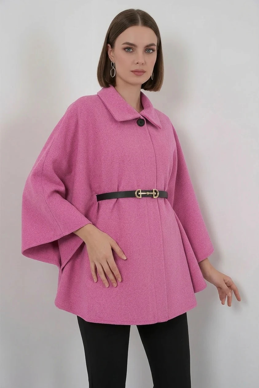 Kadın Gömlek Yaka Kuşaklı Kemerli Pamuklu Pembe Panço