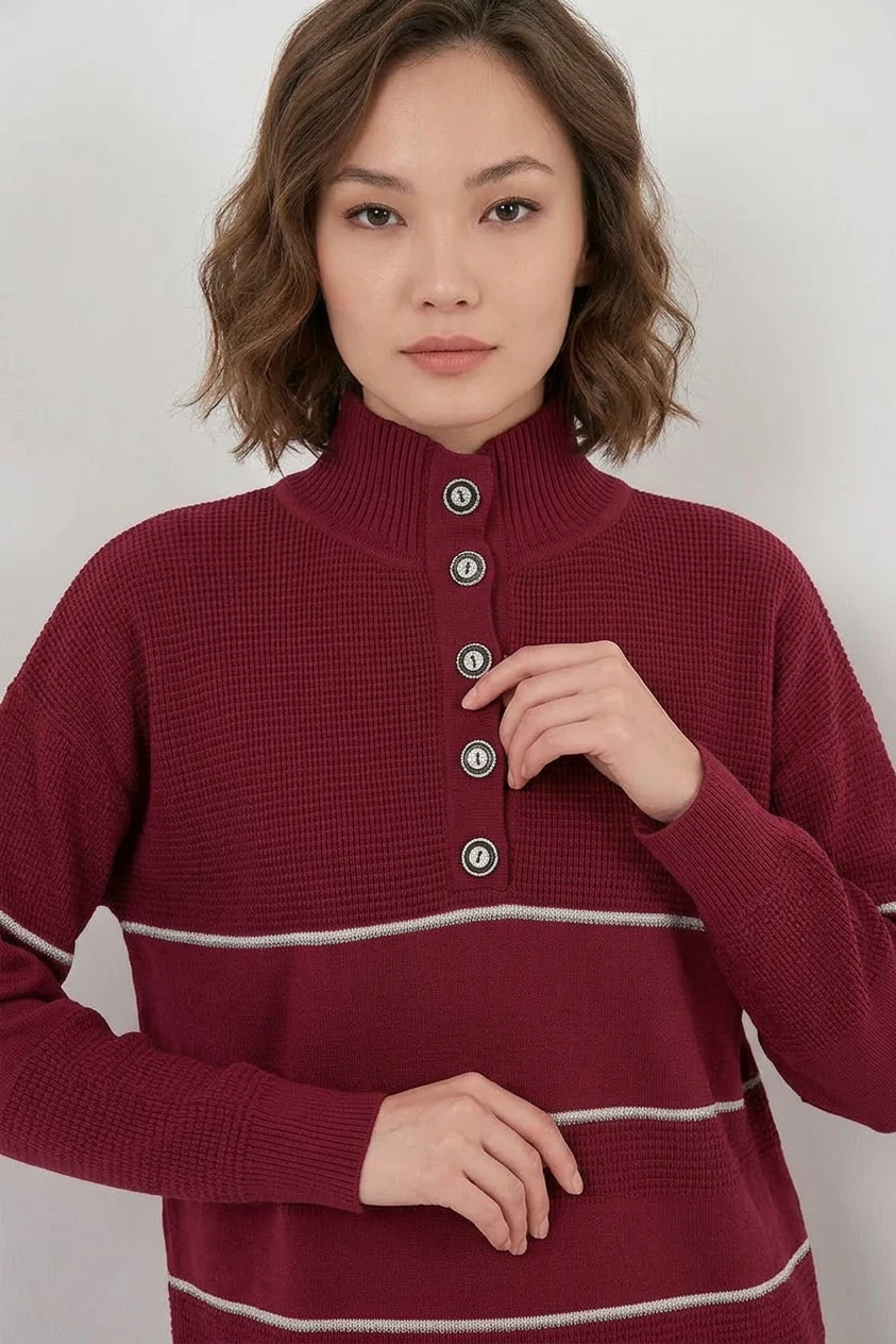 Kadın Yüksek Yaka Oversize Çizgili Triko Bordo İkili Takım