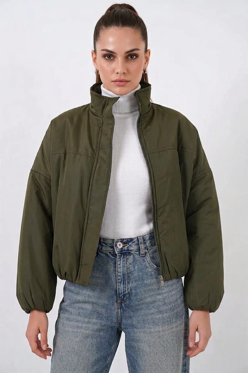 Kadın Yüksek Yaka Bomber Şişme Oversize Haki Mont