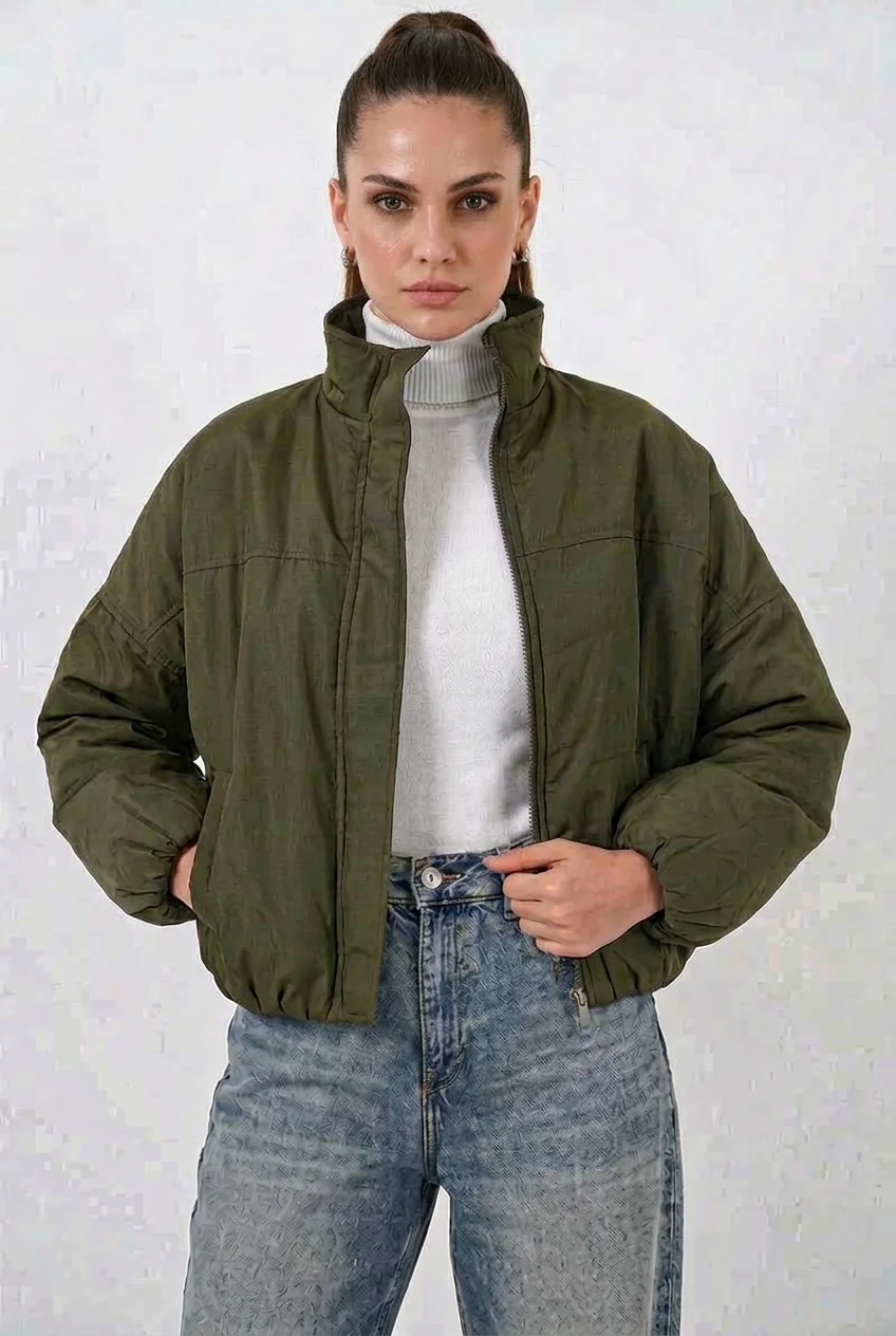 Kadın Yüksek Yaka Bomber Şişme Oversize Haki Mont