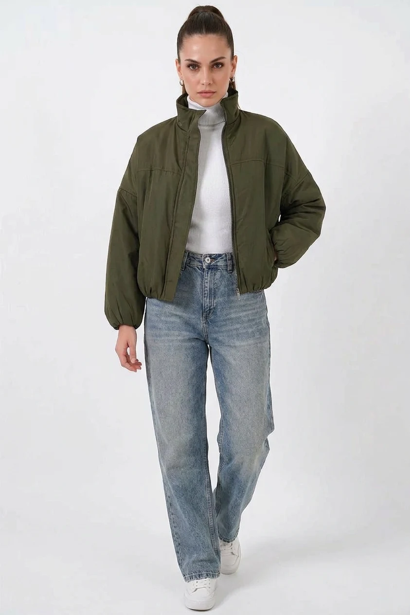 Kadın Yüksek Yaka Bomber Şişme Oversize Haki Mont