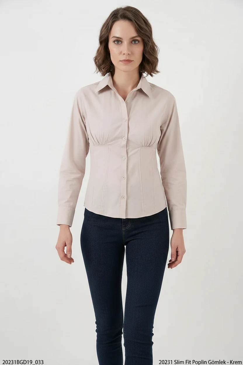 Kadın Slim Fit Belden Büzgülü Pamuklu Krem Gömlek