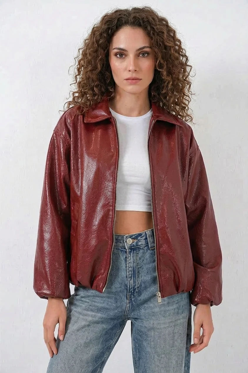 Kadın Gömlek Yaka Oversize Kiremit Ceket