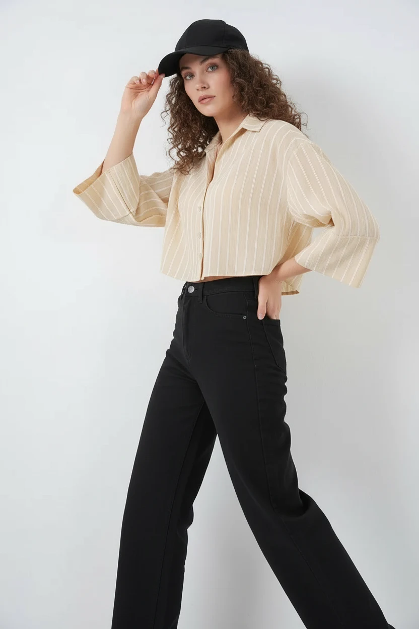 Kadın Oversize Çizgili Viskon Bej Gömlek