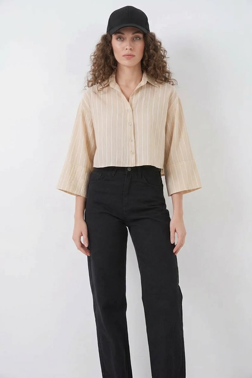 Kadın Oversize Çizgili Viskon Bej Gömlek
