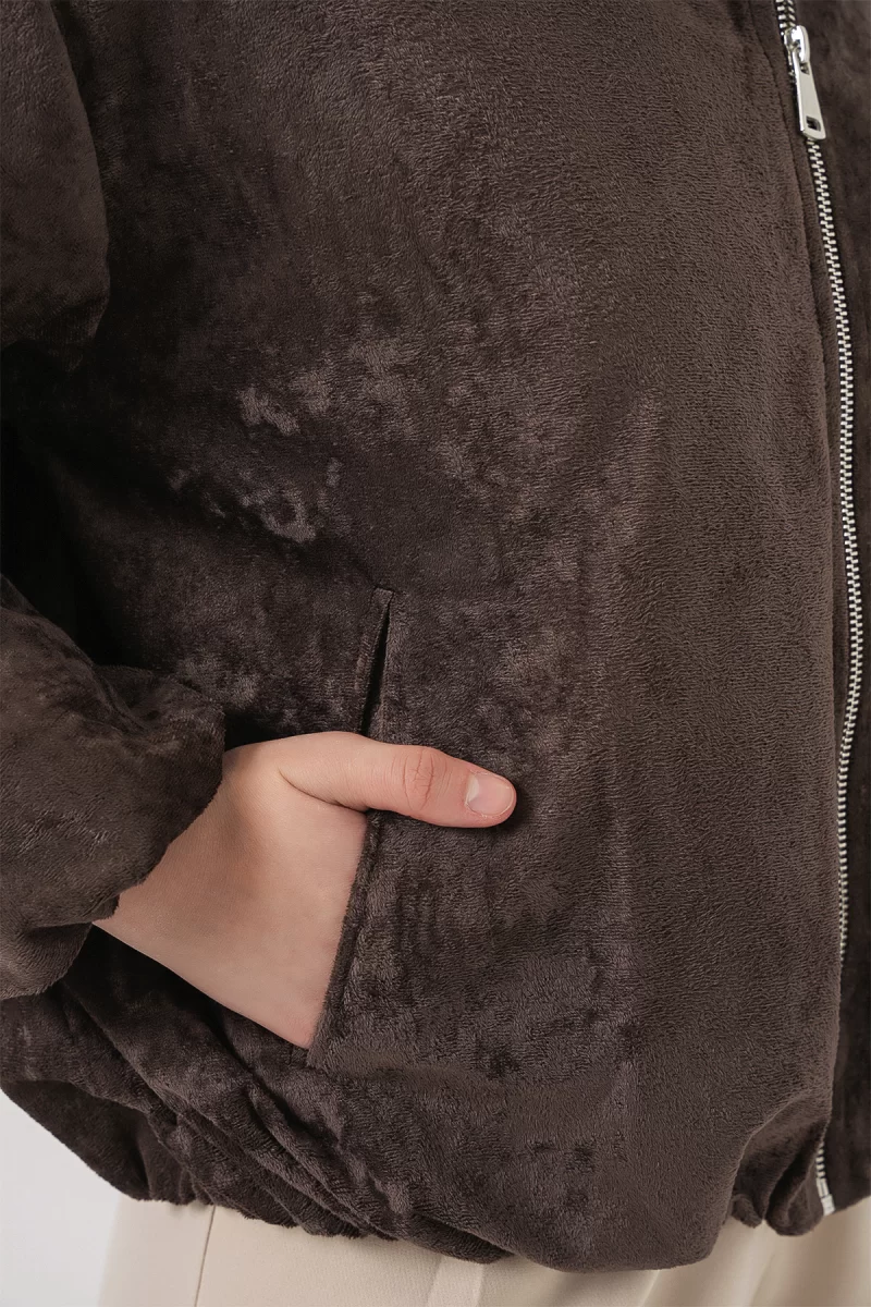 Kadın Klasik Yaka Normal Büzgülü Oversize Kadife Kahverengi Ceket