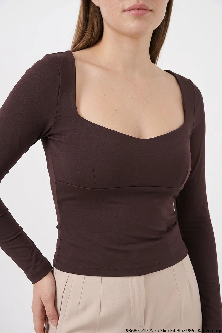 Kadın Kare Yaka Slim Fit Kahverengi Bluz